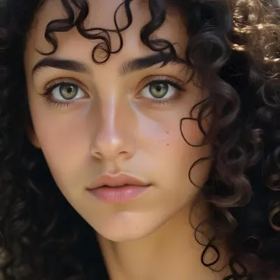 35mm Film Photography A Young Woman With Dark Curly Hair And Olive Skin Looking Directly At The Camera With A Pensive Expression In Daylight With Soft Lighting High Detail 90 6671
