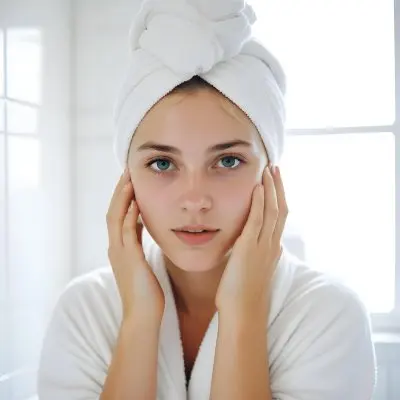 35mm Film Photography A Young Woman With Fair Skin And Short Blonde Hair Wearing A White Towel On Her Head Gently Washing Her Face With Her Hands In A Bright Bathroom High Detail 1 7c07