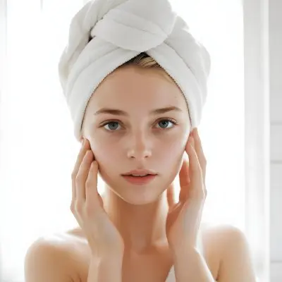 35mm Film Photography A Young Woman With Fair Skin And Short Blonde Hair Wearing A White Towel On Her Head Gently Washing Her Face With Her Hands In A Bright Bathroom High Detail 3 9468