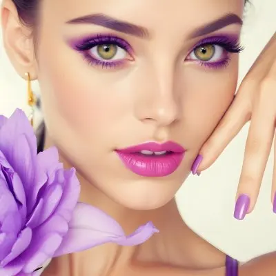 35mm Film Photography Caucasian Woman Approximately 25 Years Old With Light Skin And Long Dark Hair She Has Vibrant Yellow And Purple Eye Makeup Pink Lips And Lavender Nail Polish A Large Purple Flower Adorns Her 12 3482