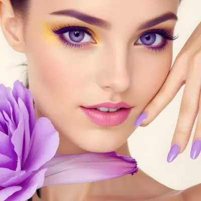 35mm Film Photography Caucasian Woman Approximately 25 Years Old With Light Skin And Long Dark Hair She Has Vibrant Yellow And Purple Eye Makeup Pink Lips And Lavender Nail Polish A Large Purple Flower Adorns Her 7 D894