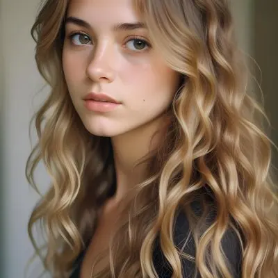 35mm Film Photography Young Woman Approximately 20 Years Old With Light Brown Skin And Long Wavy Light Brown Hair With Blonde Highlights She Has A Neutral Expression And Is Wearing A Black Top The Background Is Soft 10 1e2e