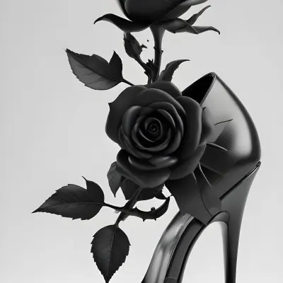 3d Model A Black High Heel Shoe With A Black Rose In A White Background Figure Octane Render Volumetric Highly Detailed Videogame Aesthetic 17 Ff7f