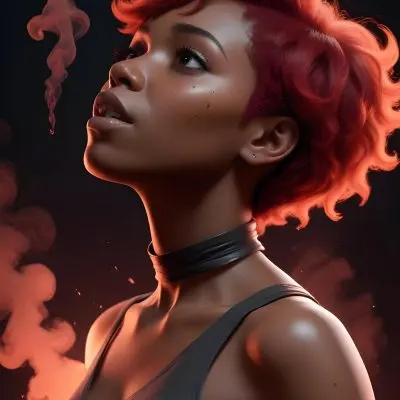 3d Model A Black Woman 25 Years Old With A Black Skin And Short Red Hair Looking Up With Red Smoke Around Her In A Black Background Figure Octane Render Volumetric Highly Detailed Videogame Aesthetic 16 3fb7