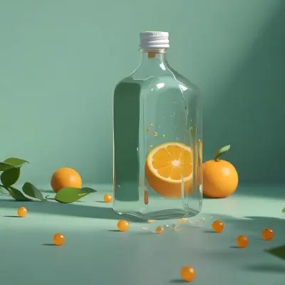 3d Model A Clear Bottle Of Liquid With A White Cap Placed On A Light Green Surface Surrounded By Bright Yellow Oranges And Green Leaves Small Yellow Beads Are Scattered Around The Oranges Figure Octane Render Volu 5 B942