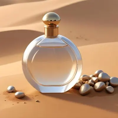 3d Model A Clear Round Perfume Bottle With A Golden Cap On A Golden Sand Dune With Small Rocks Figure Octane Render Volumetric Highly Detailed Videogame Aesthetic 1 1b3d