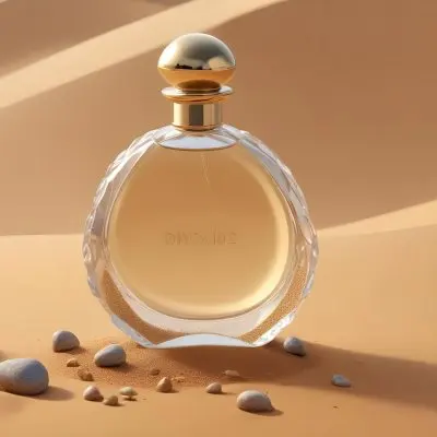 3d Model A Clear Round Perfume Bottle With A Golden Cap On A Golden Sand Dune With Small Rocks Figure Octane Render Volumetric Highly Detailed Videogame Aesthetic 11 5278