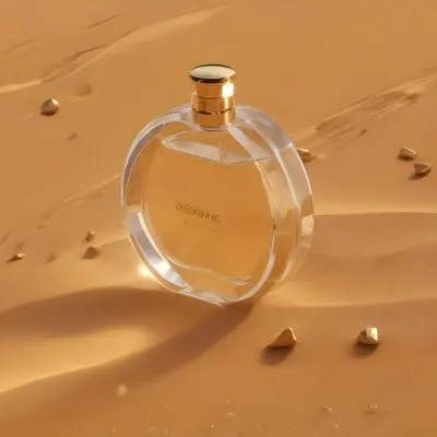 3d Model A Clear Round Perfume Bottle With A Golden Cap On A Golden Sand Dune With Small Rocks Figure Octane Render Volumetric Highly Detailed Videogame Aesthetic 25 9710