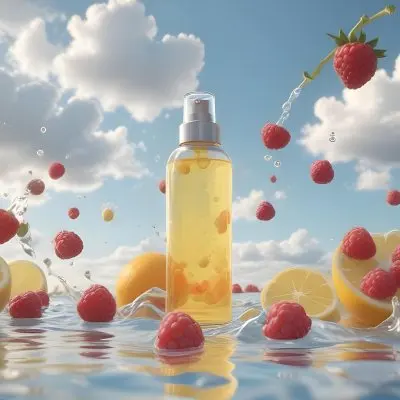 3d Model A Clear Spray Bottle Filled With A Yellow Liquid Is Centered In A Reflective Water Surface Surrounding The Bottle Are Floating Raspberries Slices Of Orange And Lemon With A Bright Blue Sky And Fluffy Whit 12 5213
