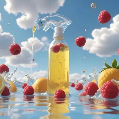 3d Model A Clear Spray Bottle Filled With A Yellow Liquid Is Centered In A Reflective Water Surface Surrounding The Bottle Are Floating Raspberries Slices Of Orange And Lemon With A Bright Blue Sky And Fluffy Whit 6 1bd2