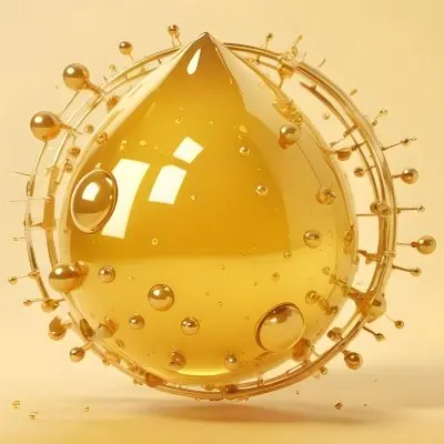3d Model A Golden Drop With A Golden Circle And Molecules Around It Light Yellow Background Figure Octane Render Volumetric Highly Detailed Videogame Aesthetic 13 Ce75