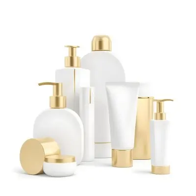 3d Model A Group Of White And Gold Cosmetic Containers Of Different Shapes Arranged On A White Background Minimalist Design Elegant Clean Figure Octane Render Volumetric Highly Detailed Videogame Aesthetic 4 9d56