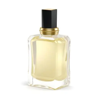 3d Model A Perfume Bottle With A Gold Cap And White Accents Filled With A Light Yellow Liquid On A Black Background Figure Octane Render Volumetric Highly Detailed Videogame Aesthetic 18 C874