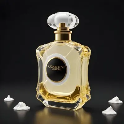 3d Model A Perfume Bottle With A Gold Cap And White Accents Filled With A Light Yellow Liquid On A Black Background Figure Octane Render Volumetric Highly Detailed Videogame Aesthetic 2 B2aa