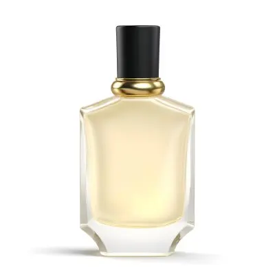 3d Model A Perfume Bottle With A Gold Cap And White Accents Filled With A Light Yellow Liquid On A Black Background Figure Octane Render Volumetric Highly Detailed Videogame Aesthetic 32 8e72