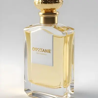 3d Model A Perfume Bottle With A Gold Cap And White Accents Filled With A Light Yellow Liquid On A White Background Figure Octane Render Volumetric Highly Detailed Videogame Aesthetic 16 488f
