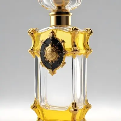 3d Model A Perfume Bottle With A Golden Cap And Black Details The Liquid Inside Is Yellow In A White Background Figure Octane Render Volumetric Highly Detailed Videogame Aesthetic 2 60f1