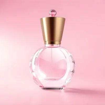 3d Model A Perfume Bottle With A Pink Cap On A Pink Background With Abstract Shapes The Bottle Is Transparent And Reflects The Light Figure Octane Render Volumetric Highly Detailed Videogame Aesthetic 8 79a7