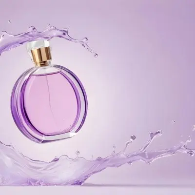 3d Model A Perfume Bottle With A Purple Cap And A Splash Of Water Around It Light Purple Background Figure Octane Render Volumetric Highly Detailed Videogame Aesthetic 8 4aaa