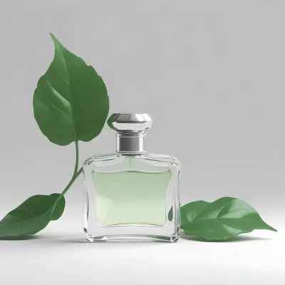 3d Model A Perfume Bottle With A Silver Cap And A Green Leaf On A White Surface White Background Figure Octane Render Volumetric Highly Detailed Videogame Aesthetic 11 7738