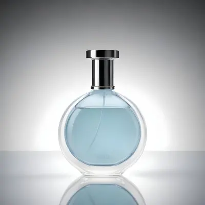 3d Model A Perfume Bottle With A Silver Cap Filled With Light Blue Liquid Standing On A Reflective Surface Simple Background Figure Octane Render Volumetric Highly Detailed Videogame Aesthetic 14 Dcb5