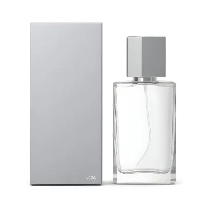 3d Model A Perfume Bottle With A Silver Cap Next To A White Box Product Photography Isolated On A Gray Background Figure Octane Render Volumetric Highly Detailed Videogame Aesthetic 11 C7b0