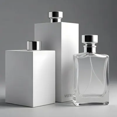 3d Model A Perfume Bottle With A Silver Cap Next To A White Box Product Photography Isolated On A Gray Background Figure Octane Render Volumetric Highly Detailed Videogame Aesthetic 2 2f9d