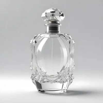 3d Model A Perfume Bottle With A Transparent Glass Body Filled With Clear Liquid A Silver Neck And A Clear Crystal Cap White Background Figure Octane Render Volumetric Highly Detailed Videogame Aesthetic 26 826f