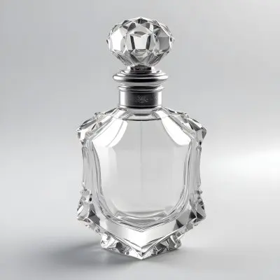 3d Model A Perfume Bottle With A Transparent Glass Body Filled With Clear Liquid A Silver Neck And A Clear Crystal Cap White Background Figure Octane Render Volumetric Highly Detailed Videogame Aesthetic 9 6e38
