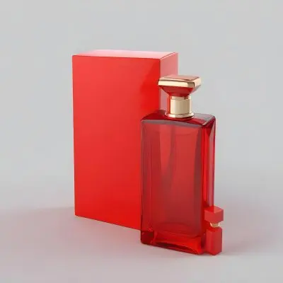 3d Model A Red Glass Perfume Bottle With A Red Cap Next To A Red Box On A Red Surface Figure Octane Render Volumetric Highly Detailed Videogame Aesthetic 16 34b3