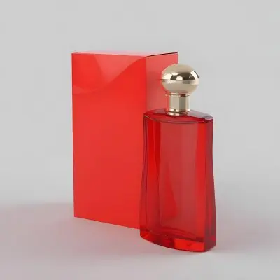 3d Model A Red Glass Perfume Bottle With A Red Cap Next To A Red Box On A Red Surface Figure Octane Render Volumetric Highly Detailed Videogame Aesthetic 40 2050 527a