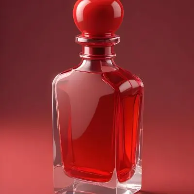 3d Model A Red Perfume Bottle With A Red Cap On A Red Background The Bottle Is Rectangular And Transparent The Liquid Inside Is Red Figure Octane Render Volumetric Highly Detailed Videogame Aesthetic 13 F45b