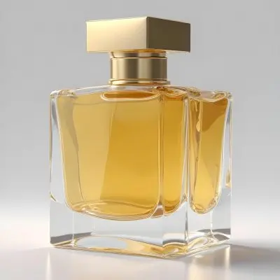 3d Model A Square Glass Perfume Bottle With Golden Liquid Inside And A White Cap On A White Surface Figure Octane Render Volumetric Highly Detailed Videogame Aesthetic 18 5fa3