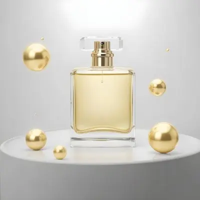 3d Model A Square Perfume Bottle With Golden Liquid On A Golden Podium With Golden Spheres Around It Golden Background Figure Octane Render Volumetric Highly Detailed Videogame Aesthetic 12 884b