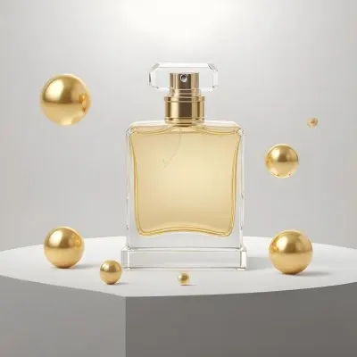 3d Model A Square Perfume Bottle With Golden Liquid On A Golden Podium With Golden Spheres Around It Golden Background Figure Octane Render Volumetric Highly Detailed Videogame Aesthetic 16 A699
