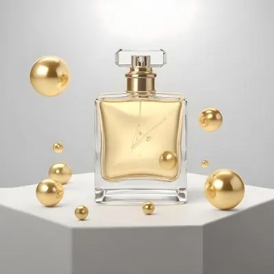3d Model A Square Perfume Bottle With Golden Liquid On A Golden Podium With Golden Spheres Around It Golden Background Figure Octane Render Volumetric Highly Detailed Videogame Aesthetic 24 4bd2