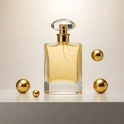3d Model A Square Perfume Bottle With Golden Liquid On A Golden Podium With Golden Spheres Around It Golden Background Figure Octane Render Volumetric Highly Detailed Videogame Aesthetic 25 1c9c