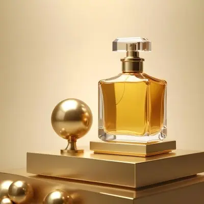 3d Model A Square Perfume Bottle With Golden Liquid On A Golden Podium With Golden Spheres Around It Golden Background Figure Octane Render Volumetric Highly Detailed Videogame Aesthetic 26 D407