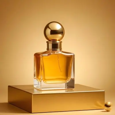 3d Model A Square Perfume Bottle With Golden Liquid On A Golden Podium With Golden Spheres Around It Golden Background Figure Octane Render Volumetric Highly Detailed Videogame Aesthetic 3 F9d8