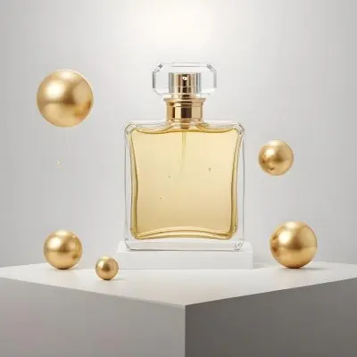 3d Model A Square Perfume Bottle With Golden Liquid On A Golden Podium With Golden Spheres Around It Golden Background Figure Octane Render Volumetric Highly Detailed Videogame Aesthetic 33 F4a0