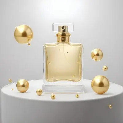 3d Model A Square Perfume Bottle With Golden Liquid On A Golden Podium With Golden Spheres Around It Golden Background Figure Octane Render Volumetric Highly Detailed Videogame Aesthetic 34 C371