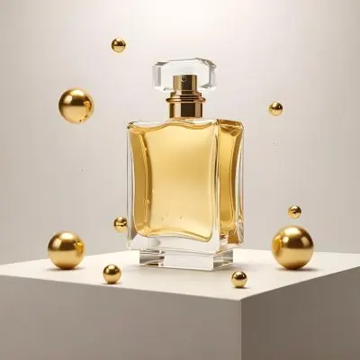 3d Model A Square Perfume Bottle With Golden Liquid On A Golden Podium With Golden Spheres Around It Golden Background Figure Octane Render Volumetric Highly Detailed Videogame Aesthetic 38 53b9