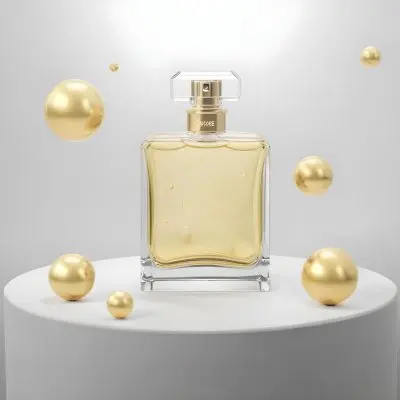 3d Model A Square Perfume Bottle With Golden Liquid On A Golden Podium With Golden Spheres Around It Golden Background Figure Octane Render Volumetric Highly Detailed Videogame Aesthetic 4 40c7