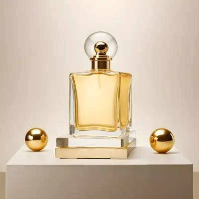 3d Model A Square Perfume Bottle With Golden Liquid On A Golden Podium With Golden Spheres Around It Golden Background Figure Octane Render Volumetric Highly Detailed Videogame Aesthetic 41 0b7c