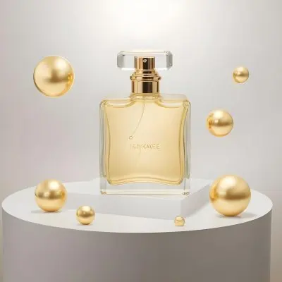 3d Model A Square Perfume Bottle With Golden Liquid On A Golden Podium With Golden Spheres Around It Golden Background Figure Octane Render Volumetric Highly Detailed Videogame Aesthetic 43 C2a1