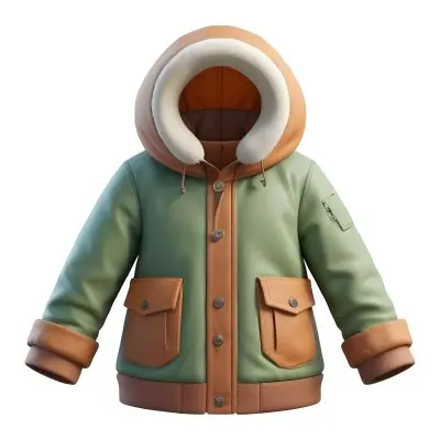 3d Model A Stylized Cartoonish Jacket With A Green Body And Brown Accents It Features A Large Hood Lined With A Soft Material Two Front Pockets And Zipper Closures The Sleeves Have A Brown Cuff Detail Giving It A C 10 F535