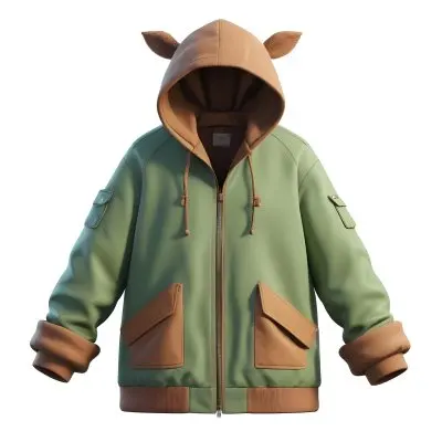 3d Model A Stylized Cartoonish Jacket With A Green Body And Brown Accents It Features A Large Hood Lined With A Soft Material Two Front Pockets And Zipper Closures The Sleeves Have A Brown Cuff Detail Giving It A C 11 399a