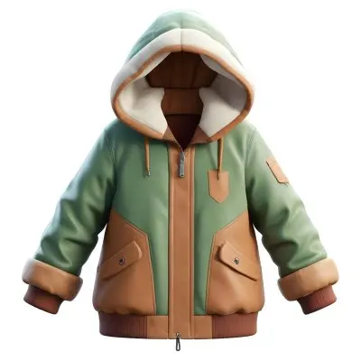 3d Model A Stylized Cartoonish Jacket With A Green Body And Brown Accents It Features A Large Hood Lined With A Soft Material Two Front Pockets And Zipper Closures The Sleeves Have A Brown Cuff Detail Giving It A C 13 91eb
