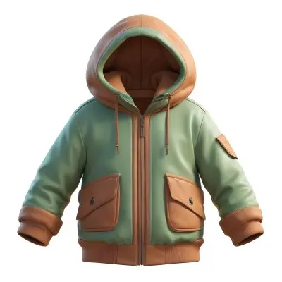 3d Model A Stylized Cartoonish Jacket With A Green Body And Brown Accents It Features A Large Hood Lined With A Soft Material Two Front Pockets And Zipper Closures The Sleeves Have A Brown Cuff Detail Giving It A C 14 Dd21