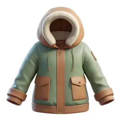 3d Model A Stylized Cartoonish Jacket With A Green Body And Brown Accents It Features A Large Hood Lined With A Soft Material Two Front Pockets And Zipper Closures The Sleeves Have A Brown Cuff Detail Giving It A C 16 6017